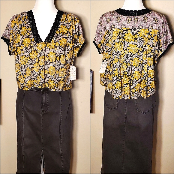 NWT🌷 Free People Leilani Floral Print Crop Top Black Yellow Purple, Small - Picture 2 of 8
